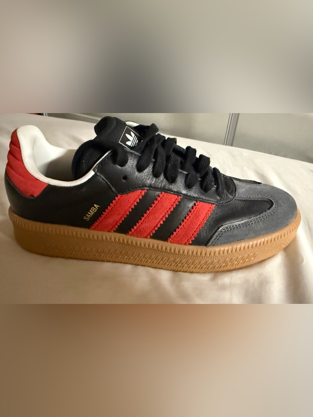 adidas Black Leather Sneaker with Red Stripes and Gum Sole
